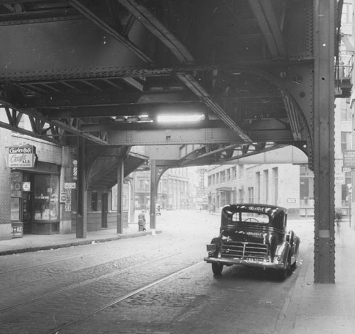 `Cor. Beach St. & Harrison Ave.` Lantern slide