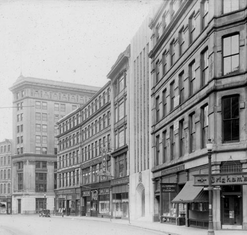 `Franklin St., down from Hawley St.` Lantern slide