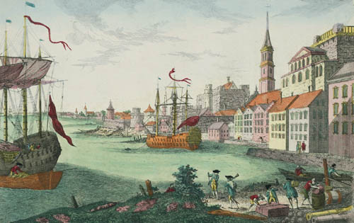 Vuë de Boston : Prospect von Boston gegen der Bucht am Hasen [Vuë de Boston vers le Cale du Port] Hand-colored etching