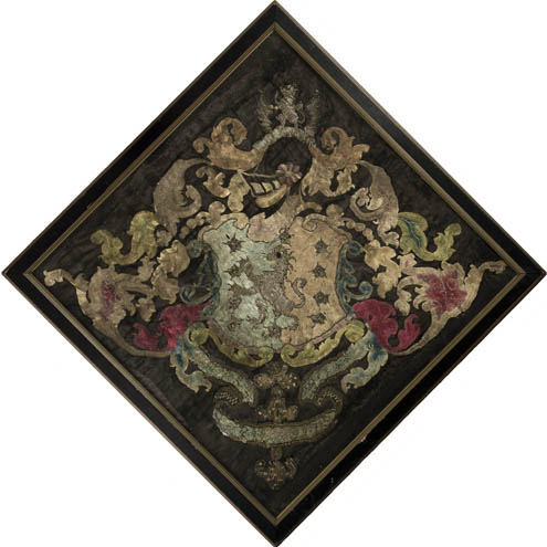 Pierpont family arms Black silk, silk thread, raised metallic work, gold spangles