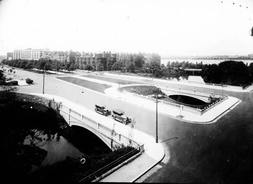 View of Commonwealth Avenue looking north-west from Charlesgate East, showing completed bridge over Muddy River Lantern slide