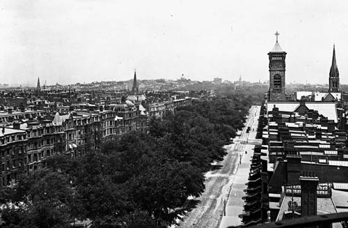 View of Commonwealth Avenue looking east from the Hotel Vendome at Dartmouth Street, Boston Lantern slide