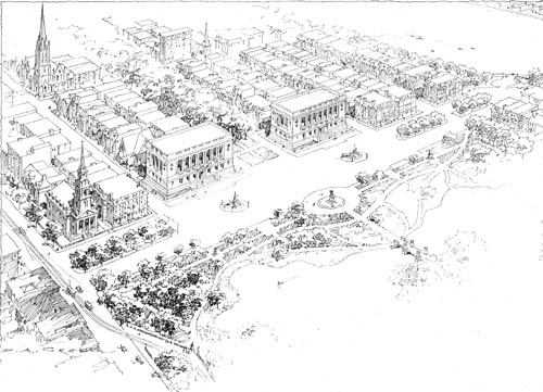 Aerial view of Arlington Street, showing proposed improvements in Public Garden, Boston Lantern slide of drawing