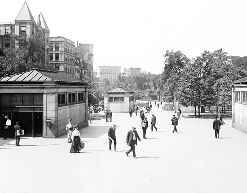 View of subway entrances at corner of Tremont and Park Streets, Boston Lantern slide