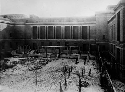 View of landscape work in progress at central court of the Museum of Fine Arts, Boston Lantern slide