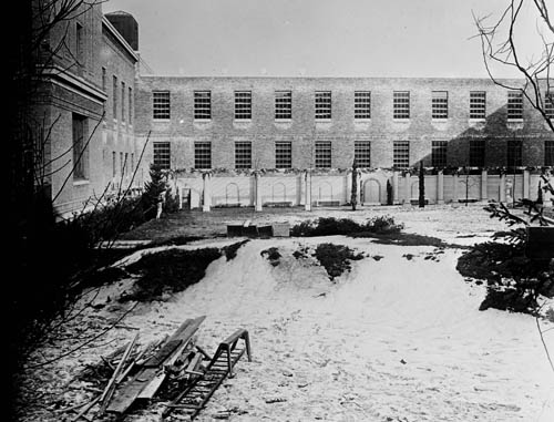 View of landscape work in progress at central court of the Museum of Fine Arts, Boston Lantern slide