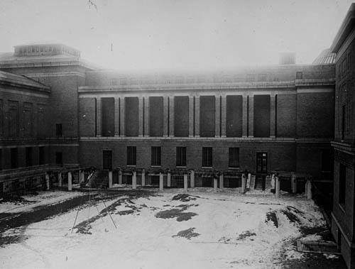 View of landscape work in progress at central court of the Museum of Fine Arts, Boston Lantern slide