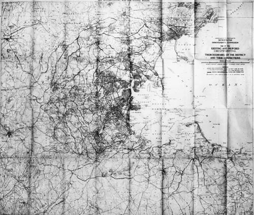 Metropolitan Improvements Commission: Map of the Existing and Proposed Circumferential Thoroughfares of the District and their Connections Lantern slide of map