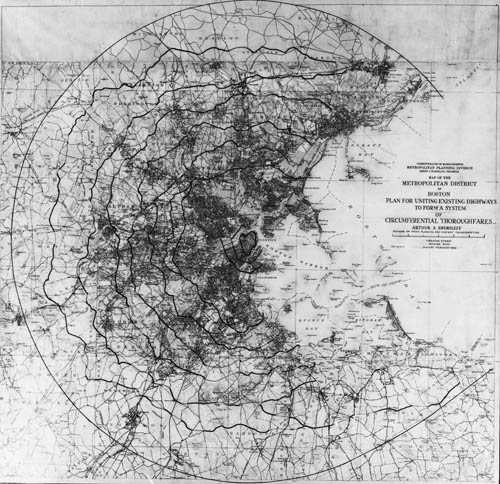 Metropolitan Planning Division: Map of the Metropolitan District of Boston, Plan for Uniting Existing Highways to Form a System of Circumferential Thoroughfares Lantern slide of plan