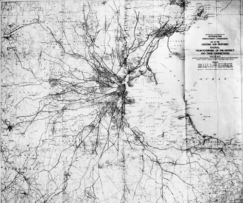 Metropolitan Improvements Commission: Map of the Existing and Proposed Radial Thoroughfares of the District and Their Connections Lantern slide of map