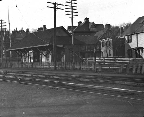 View of depot, Belmont, Mass Lantern slide