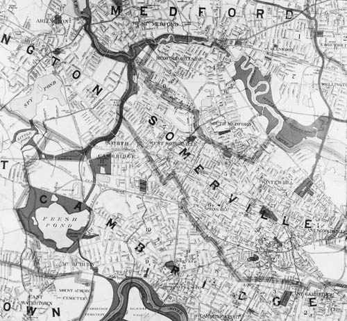 Parts of Cambridge, Somerville, and Medford, Mass., showing parks Lantern slide of map