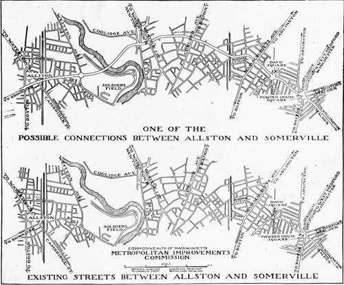 Metropolitan Improvements Commissions: One of the Possible Connections between Allston and Somerville, Mass., and Existing Streets between Allston and Somerville, Mass Lantern slide of plan