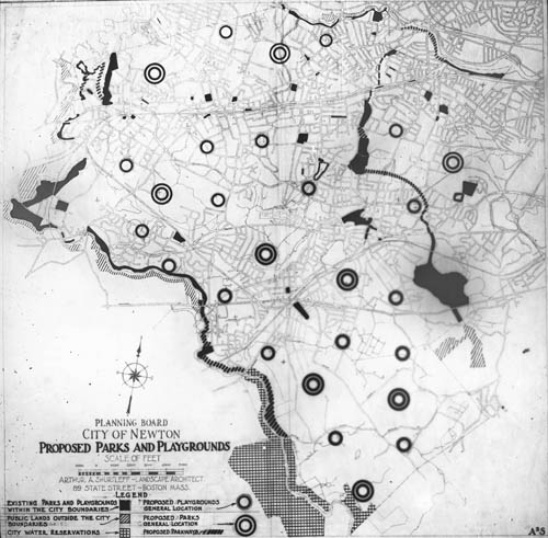 City of Newton, Mass. Planning Board: Proposed Parks and Playgrounds Lantern slide of map