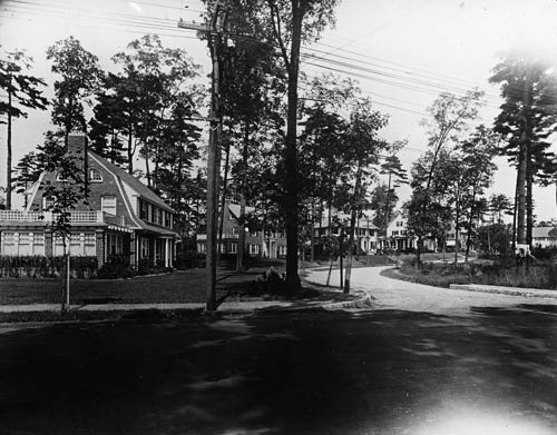 View of houses and street in Newton, Mass Lantern slide