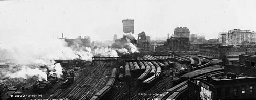 View of train yard, 4th Avenue, New York City Lantern slide