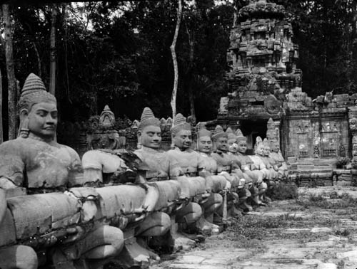 A row of statues, possibly Cambodia Lantern slide