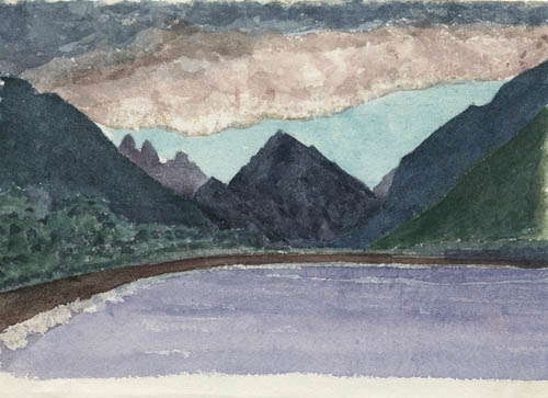 Memorandum from memory of afterglow in the Tautira valley.  From canoe on the reef. [1891] Watercolor on paper