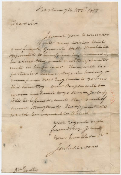 Letter from James Sullivan to William Eustis, 7 November 1803 Manuscript