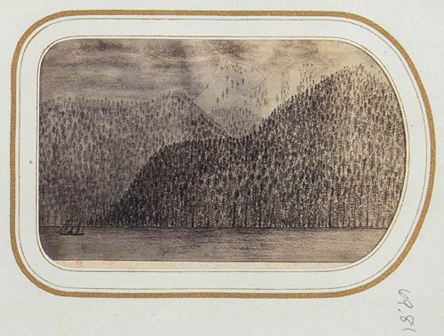 View of unidentified landscape Photograph of drawing.