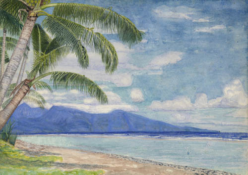 [Palm trees on beach with mountains in distance, probably Tahiti. 1891] Watercolor on paper