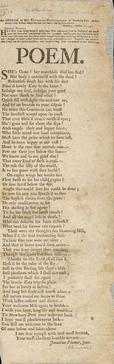 An Address to Miss Katherine Wigglesworth of Newbury Port on her return from Boston where she had the Small Pox by inoculation Broadside