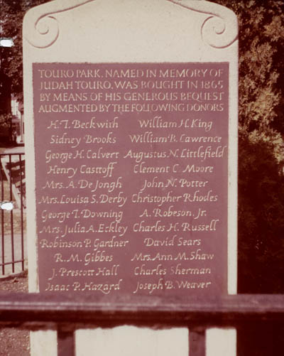 Memorial tablet in Touro Park, Newport, R.I., bearing George T. Downing`s name Photograph