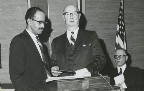 Howard DeGrasse Asbury, Charles T. Rice, and Rabbi G. Stanley Dreyfus at the Ingersoll Branch Library, Brooklyn Photograph