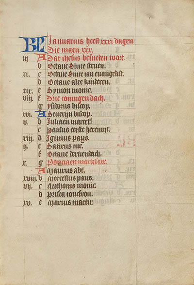 Calendar, beginning of January, page from Book of Hours, use of Utrecht, 15th century Illuminated manuscript on vellum