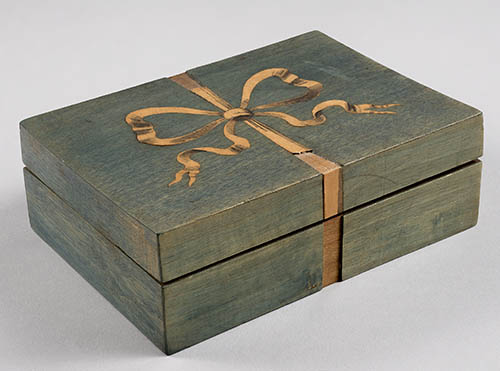 Inlaid wooden box with mementos Wood, birch inlay, metal, watercolors