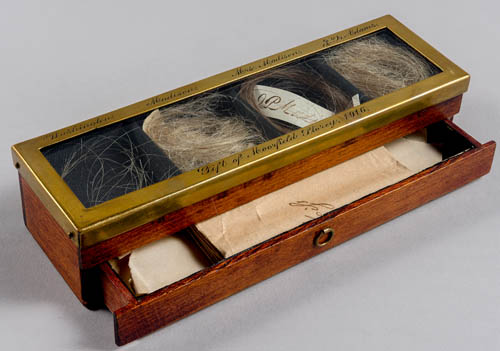 Locks of hair belonging to George Washington, James and Dolley Madison, and John Quincy Adams Rosewood, brass, glass, grosgrain fabric, hair, paper