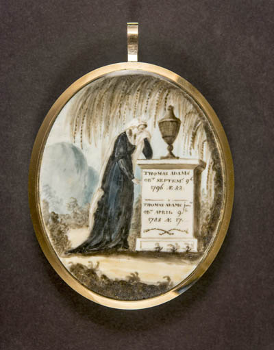 Mourning pendant with hair chamber Watercolor on ivory, hair, glass, gold