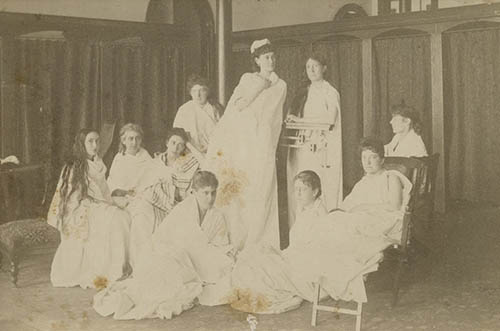 Caroline Swift Bassett Allen and other women in theatrical costumes Cabinet card