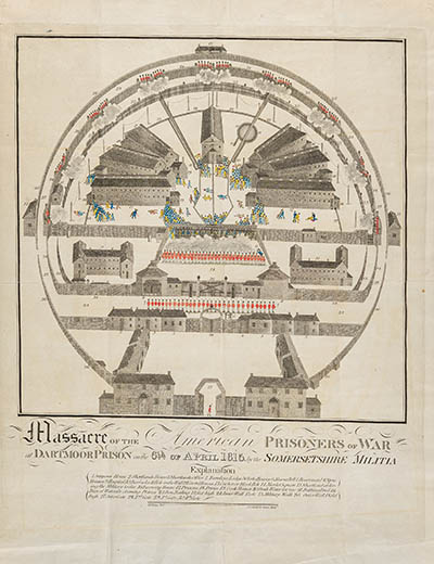 Massacre of the American Prisoners of War at Dartmoor Prison on the 6th of April 1815. by the Somersetshire Militia Hand colored engraving