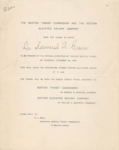 Invitation to the official inspection of the East Boston Tunnel Printed