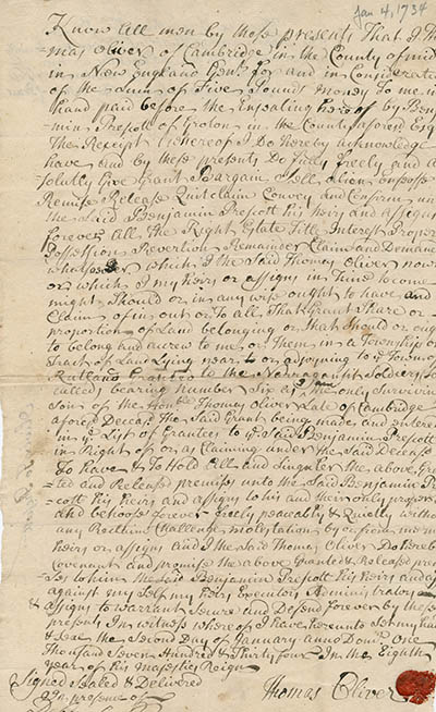 Deed signed by Thomas Oliver, 4 January 1734 Manuscript