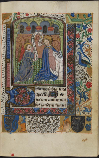 Frontispiece illustration of the Annunciation depicting the angel Gabriel and Mary Illuminated manuscript on vellum