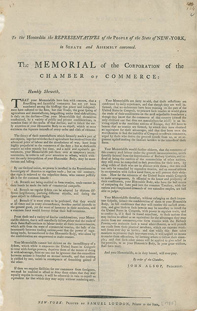 The memorial of the corporation of the chamber of commerce... Broadside