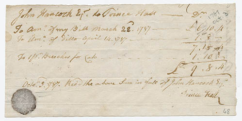 Bill from Prince Hall to John Hancock, 3 October 1787 Manuscript