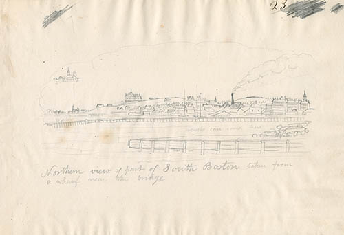 Northern view of part of South Boston taken from a wharf near the bridge Graphite on wove paper