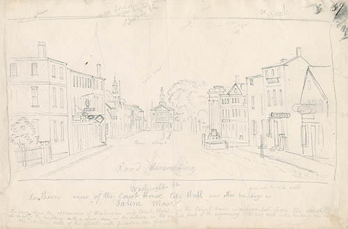 Southern view of the court house, city all and other buildings in Salem Mass. Graphite on wove paper