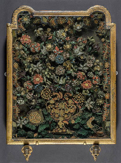 Quillwork sconce gilded paper, wax, and mica in original glazed, gilded wood frame