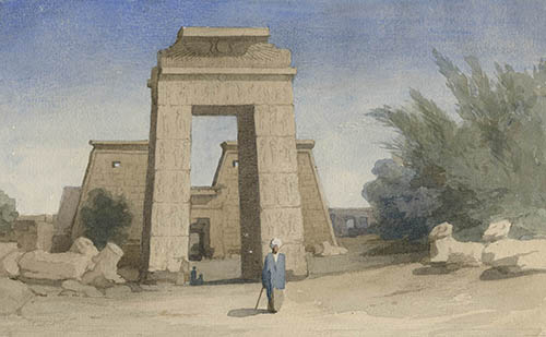 Karnak Temple with figure of man in front Watercolor