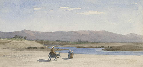 View of the Nile with three figures, one riding a donkey Watercolor