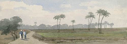 View of road with figures walking Watercolor