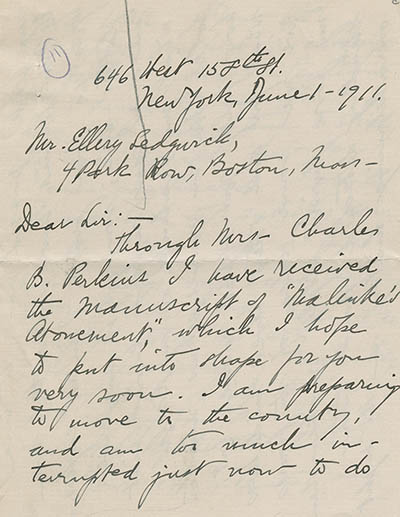 Letter from Mary Antin to Ellery Sedgwick, 1 June 1911 Manuscript