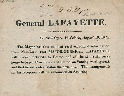 General Lafayette : Centinel Office, 12 o’clock, August 19, 1824. ... Major General Lafayette will proceed forthwith to Boston ... 