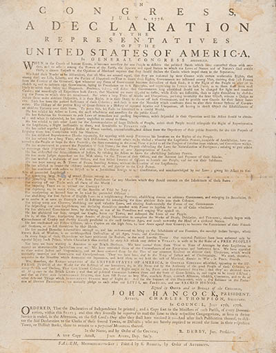 In Congress, July 4, 1776. A Declaration by the Representatives of the United States of America, in General Congress Assembled. Broadside