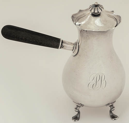 Chocolate pot belonging to Rev. Phillips Brooks Sterling silver, mahogany