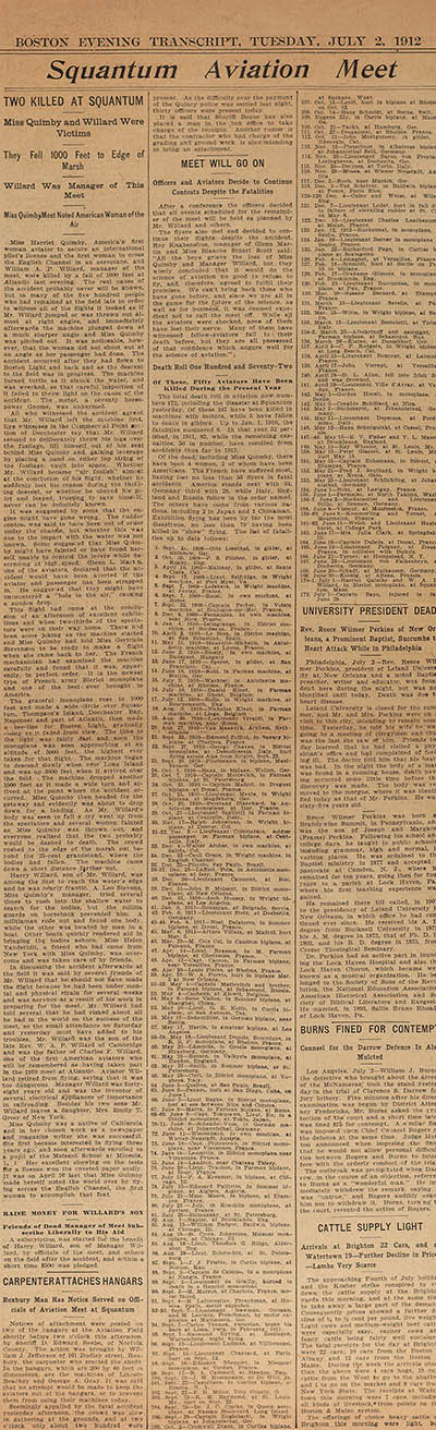Squantum aviation meet : two killed at Squantum; Miss Quimby and Willard were victims ... Newspaper
